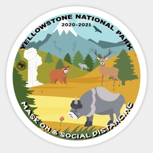 Yellowstone National Park Wildlife, Mask On and Social Distance, illustration, round Sticker